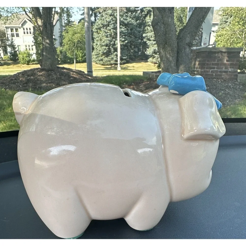 Vintage Lefton Piggy Bank Blue Polka Bow Anthropomorphic Ceramic w/Labels &plug